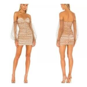 MAJORELLE Tan and Black Off-Shoulder Midi Dress